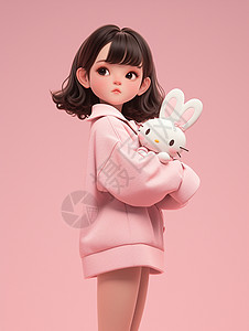 穿西服的兔子穿粉色上衣抱着小兔子玩偶的卡通女孩插画