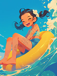 卡通黄色游泳圈坐在黄色游泳圈上在大海上开心玩耍的卡通女孩插画