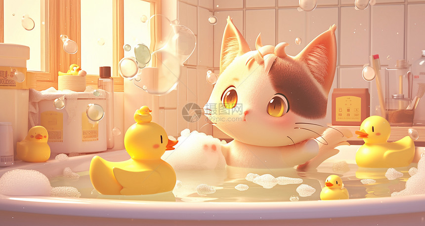 在浴室中开心泡澡的卡通小猫图片