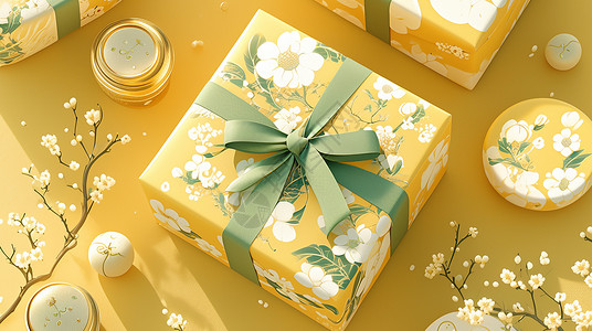 包装丝带系着绿色丝带的黄色碎花包装礼物盒插画