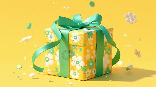 包装丝带系着绿色丝带的碎花包装礼物盒插画