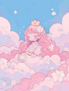 坐在云朵花丛中的的长发卡通小公主高清图片