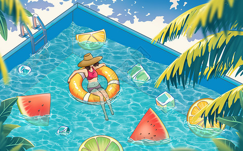 井水西瓜二十四节气夏至夏天泳池西瓜冰块植物手绘插画插画