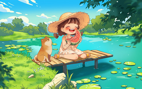 小清新绿色二十四节气夏至夏天河水女孩清凉手绘插画插画