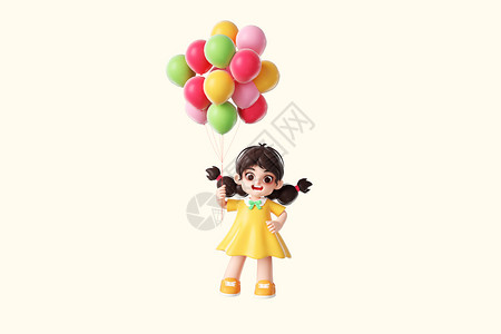3D影片3d儿童节拿气球女孩插画