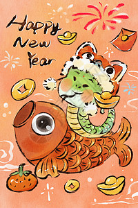新年铜钱手绘水墨可爱风之蛇年与锦鲤可爱插画插画