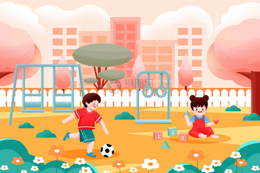 公园学校儿童节玩耍乐高踢足球插画图片