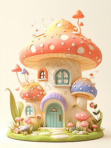 彩色唯美的卡通蘑菇屋背景图片