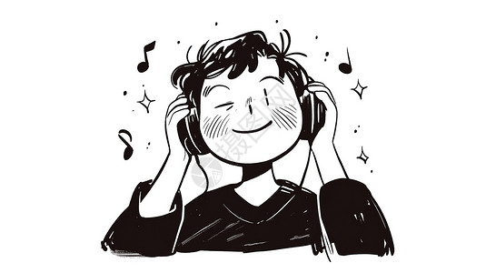 耳机内部男孩戴着听音乐插画