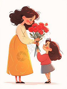 卡通母亲素材母亲节给妈妈送花的小女孩插画