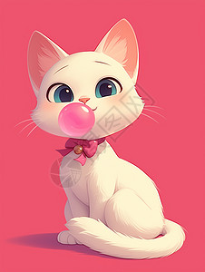 正在吹粉色泡泡糖的可爱大白猫高清图片