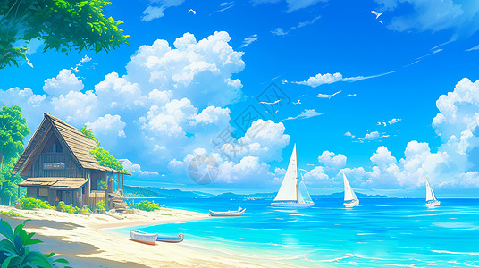 大海房子蓝天白云下深蓝色大海上几只帆船海边有座卡通小木屋插画