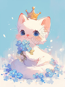 小花仙手捧着蓝色小花头戴皇冠的卡通小猫插画