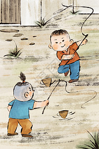 玩海盗船的男孩手绘水墨古风风童年游戏之玩陀螺插画插画