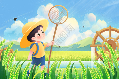 夏季食疗小满二十四节气夏天麦田扑蝴蝶的男孩插画插画