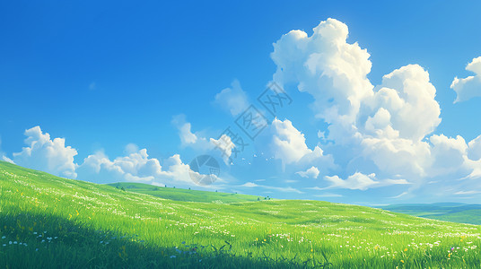 海带片蓝天白云下一大片绿色长满绿草的卡通小山坡插画