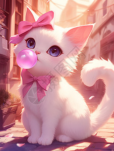 个性蝴蝶结戴着粉色蝴蝶结吹泡泡的可爱卡通小白猫插画