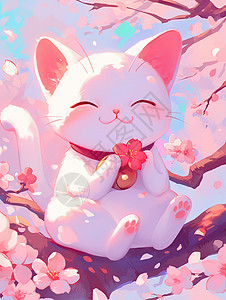 脖上挂着金色铃铛在粉色桃花林中微笑的卡通招财猫插画