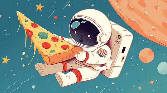 扁平风美食穿太空服的卡通宇航员在太空中抓着大大的披萨插画