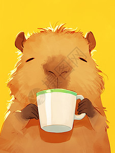 研磨咖啡正在优雅喝咖啡的卡通小动物插画