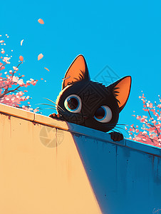 粉色的墙墙头上一只可爱的卡通小黑猫插画