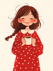 茶杯里小女孩身穿红色波点连衣裙端着茶杯的卡通小女孩插画