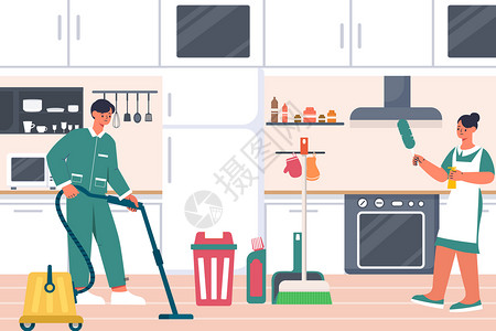 男厨房家政服务打扫厨房插画