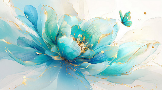 蓝色镶金边的唯美的卡通牡丹花与蝴蝶高清图片