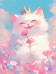 戴着小皇冠手捧着花朵微笑的卡通大白猫高清图片