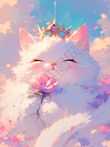 头上戴着小皇冠捧着花朵微笑的卡通大白猫高清图片