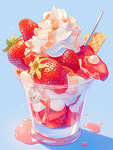 草莓杯子冰激凌一杯美味的水果卡通冰激凌插画