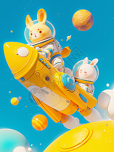 穿西服的兔子穿宇航服开着飞船的卡通小白兔插画