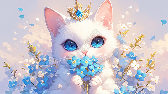 蓝色大眼睛漂亮的卡通猫头上戴着皇冠高清图片