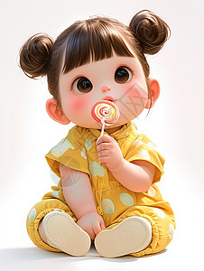 坐着宝宝吃棒棒糖的可爱卡通小女孩插画