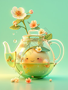 玻璃茶透明卡通茶水壶中一个小可爱在泡澡插画