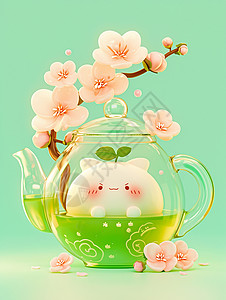 玻璃茶透明卡通茶水壶中小可爱在泡澡插画