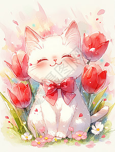 手绘卡通动物在红色花丛中一只系着红色蝴蝶结的卡通小猫插画