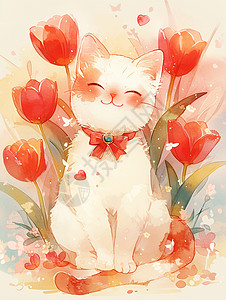 红色花丛中一只系着红色蝴蝶结的卡通小猫高清图片