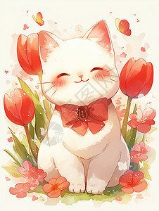 在红色花丛中一只卡通小猫高清图片
