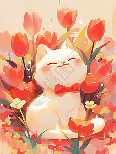 在红色花丛中系着红色蝴蝶结的卡通小猫高清图片