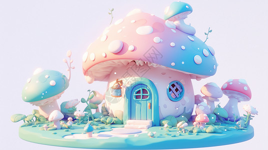 可爱彩色蘑菇可爱梦幻唯美的蘑菇屋插画