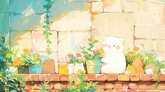 盆栽月季花盆旁一个可爱的卡通小白熊插画