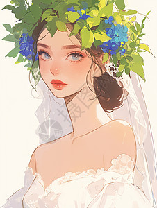 美女结婚头上戴着植物花环身穿白色婚纱的卡通美女插画