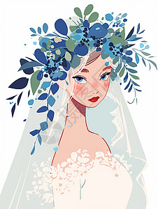 美女结婚头上戴着植物花环身穿白色婚纱的美女插画