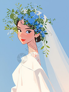 卡通植物花环戴着植物花环身穿白色婚纱的卡通美女插画