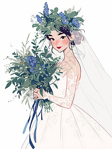 美女结婚头上戴着植物花环身穿婚纱的卡通美女插画
