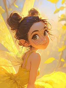 穿黄裙子身穿黄色连衣裙有翅膀的卡通小女孩插画