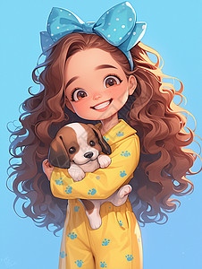 睡衣女孩穿着黄色睡衣抱着小狗的长卷发卡通女孩插画