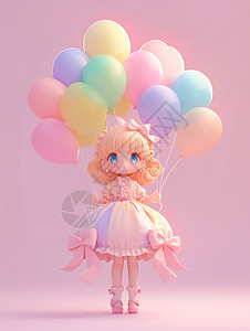 手拿气球的女孩身穿公主蓬蓬裙手拿彩色气球的卡通小女孩插画