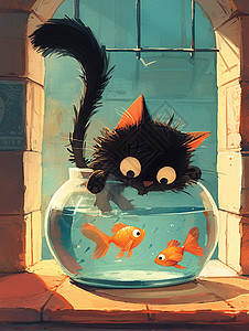 卡通小猫与鱼缸里的鱼高清图片